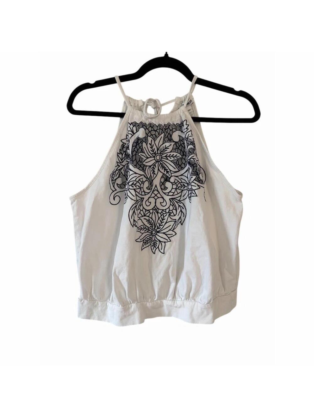 Express Women’s White Halter Top Size L Sleeveless Floral Embroidered